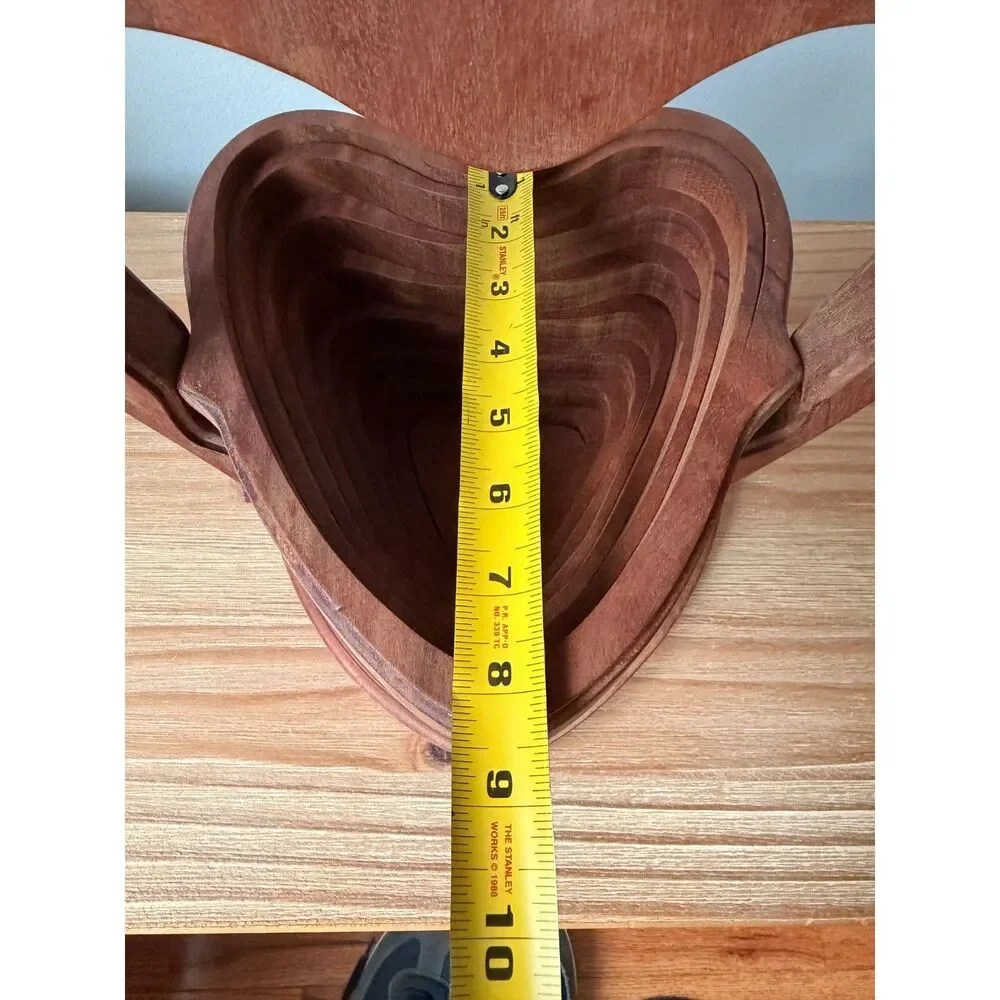 Vintage Artisan Carved Wood Folding Collapsible Heart Shaped Bowl Basket